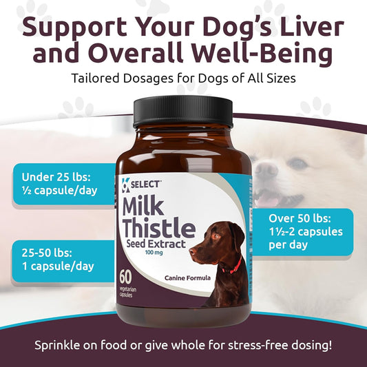 K9 Select Milk Thistle For Dogs, 100Mg - 60 Vegetable Capsules - Canine Liver Health Milk Thistle Supplement - Milk Herbal