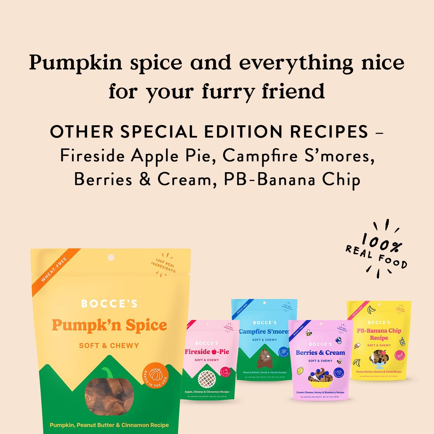 Bocce’s Bakery Pumpk'n Spice Treats for Dogs, Wheat-Free Everyday Dog Treats, Made with Real Ingredients, Baked in The USA, All-Natural Soft & Chewy Cookies, Pumpkin, Peanut Butter, & Cinnamon, 6 oz : Pet Supplies