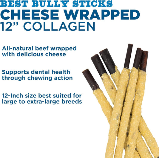 Best Bully Sticks All Natural Cheese Wrapped Beef Collagen Sticks - 12 Inch 12 Pack - Long Lasting Limited Ingredient Dog Chew - Supports Healthy Joints, Skin & Coat