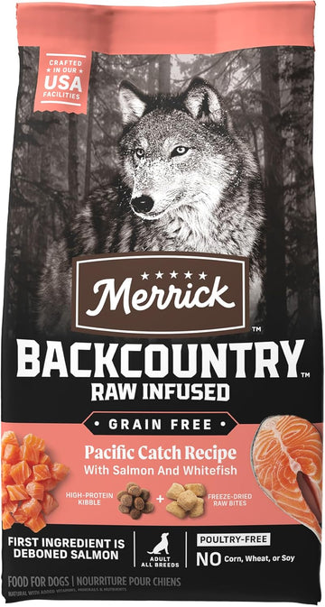 Merrick Backcountry Grain Free Dry Adult Dog Food, Kibble With Freeze Dried Raw Pieces, Pacific Catch With Salmon - 4.0 Lb. Bag