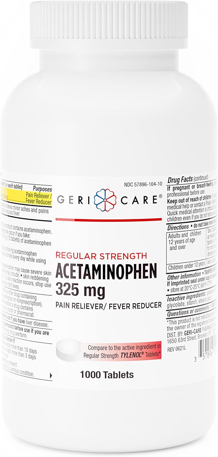 Gericare Regular Strength Acetaminophen Pain Relief Fever Reducer Tablets, Strength 325Mg Tablet | Joint, Muscle, Arthritis, Back Pain Relief 1000 Count (Pack Of 1)