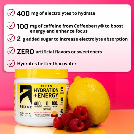 Ascent Clean Hydration + Energy Electrolytes Powder - 100Mg Caffeine, 400Mg Electrolytes, No Artificial Ingredients, Citrus 40 Servings