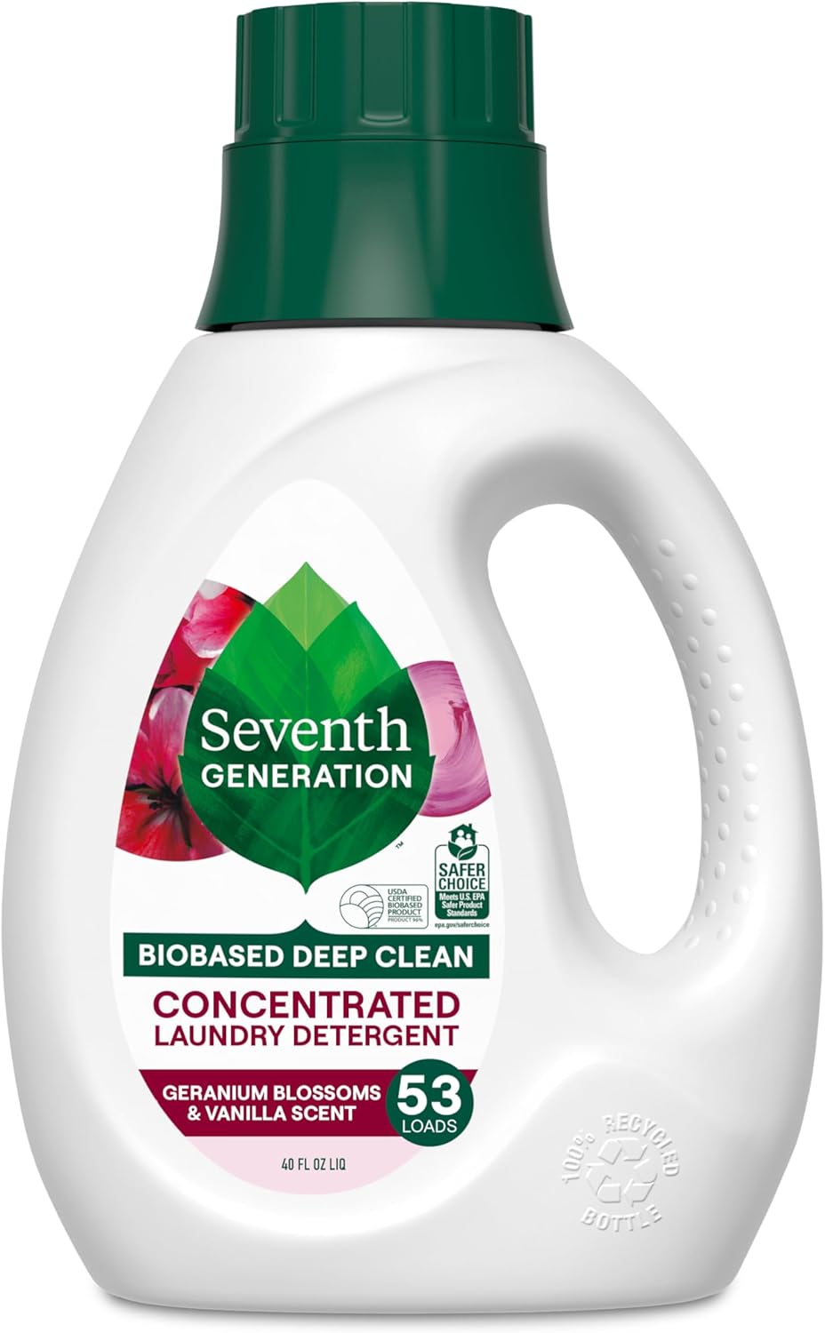 Seventh Generation Concentrated Laundry Detergent, Stain Fighting Formula, Geranium Blossom & Vanilla, 40 Oz (53 Loads)