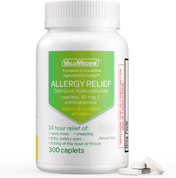 ValuMeds 24-Hour Allergy Medicine (300-Count) Antihistamine for Pollen, Hay Fever, Dry, Itchy Eyes, Allergies | Cetirizine HCl 10mg Caplets, Compare to Zyrtec