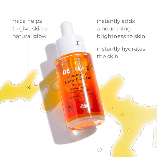 Derma E Vitamin C Glow Face Oil, Facial Oil Nourishes, Brightens And Illuminates For A Radiant Glow, Moisturizing Face Oil With Turmeric, Seabuckthorn And Red Raspberry, 1 Fl Oz