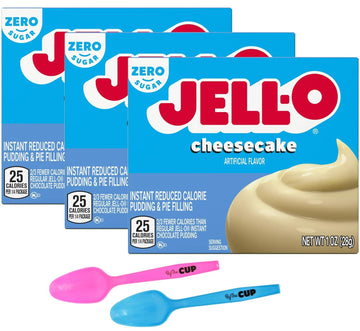 Jell-O Zero Sugar Cheesecake Instant Pudding & Pie Filling Mix 1 oz Box (Pack of 3) with Mood Spoons