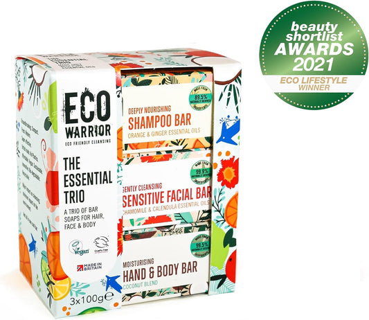Eco Warrior The Sensitive Trio Soap Bars (3 X 100G)| Shampoo, Facial And Body Soap Bars | Natural, Vegan, Eco Friendly, Cruelty Free, No Sls Or Parabens | Gentle For Sensitive Skin | Gift For Her
