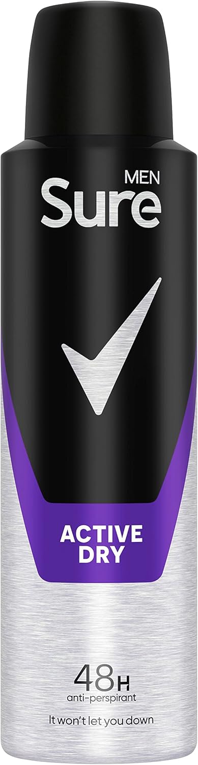 Sure Men Active Dry Anti-Perspirant Deodorant Aerosol 48H Protection Anti-Perspirant Deodorant Spray For Effective Sweat And Odour Protection 6X 150 Ml