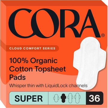 Cora 100% Organic Cotton Topsheet Pads | Ultra Thin Period Pads With Wings | Maxi Overnight Absorbency | Unscented, Comfortable, Powerfully Absorbent, Leak Protection (36 Count)