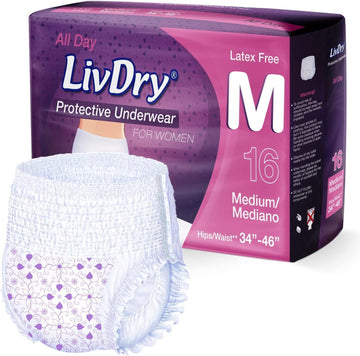 Livdry M Adult Diapers For Women, Ultimate Absorbency Incontinence Underwear, All Day Or Overnight Protection, Medium (16 Count)