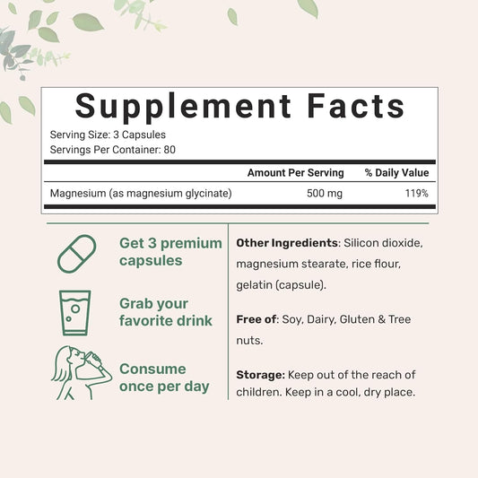 Magnesium Glycinate 500Mg Per Serving, 240 Capsules | Potent Elemental Form, 100% Chelated, High Absorption | Healthy Muscle, Bones, & Mood Support Supplement | Non-Gmo