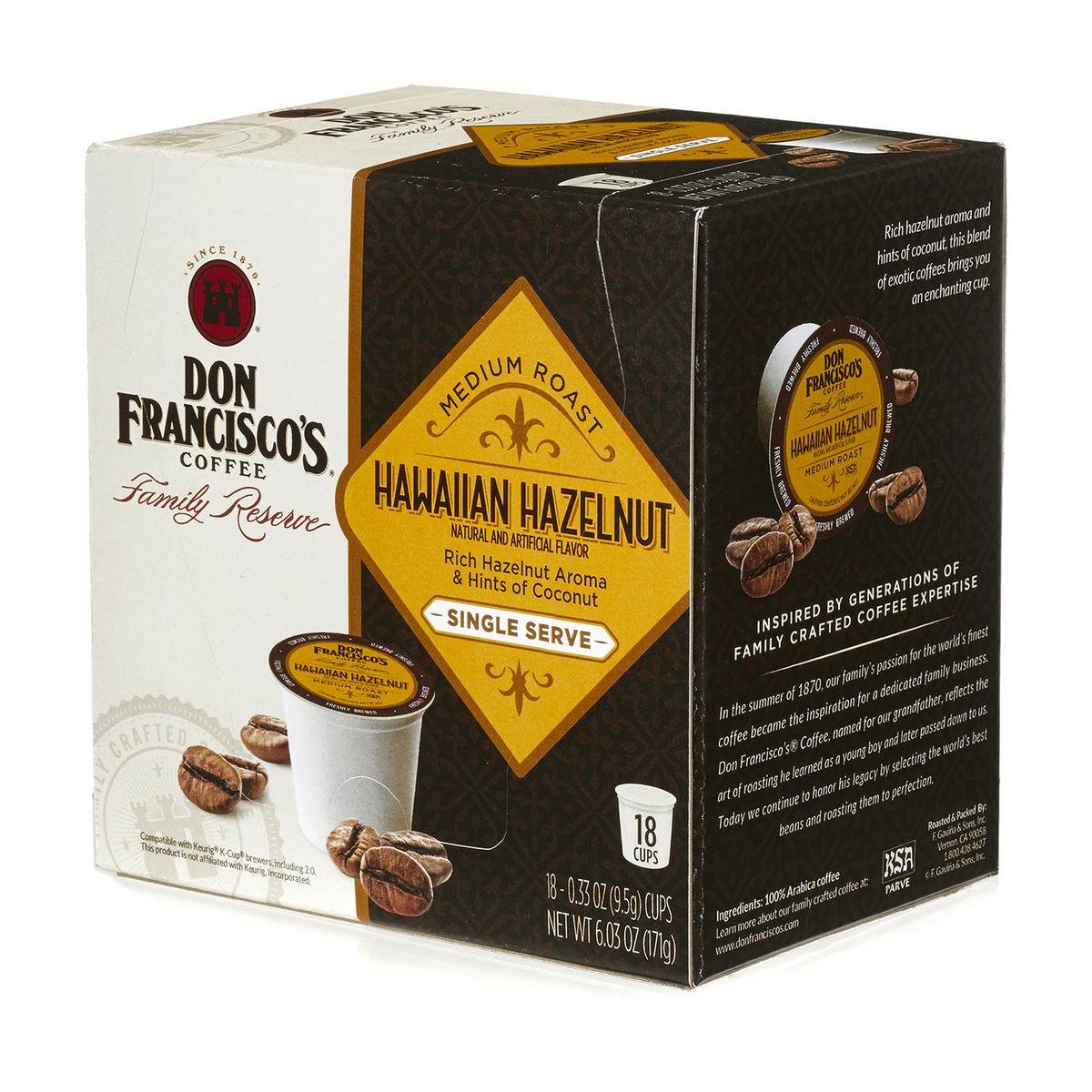 Don Francisco's Hawaiian Hazelnut, Premium 100% Arabica Coffee Roast, Medium-Roast, Single Serve-Pods for Keurig, 18-Count, Family Reserve