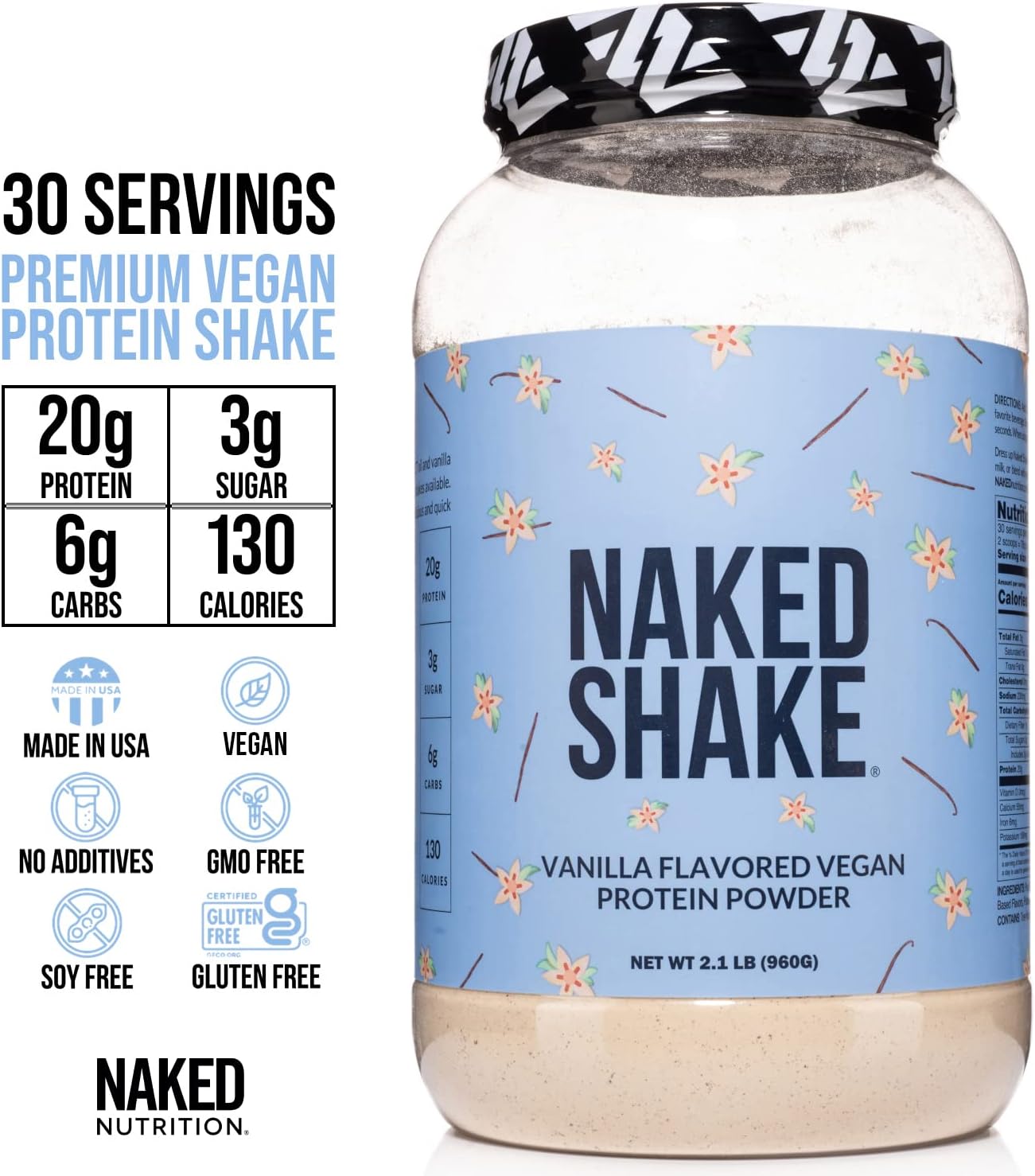 NAKED nutrition Naked Shake - Vanilla Protein Powder - Plant Based Protein Shake With Mct Oil, Gluten-Free, Soy-Free, No Gmos Or Artificial Sweeteners - 30 Servings : Health & Household