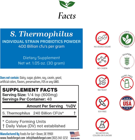 Streptococcus Thermophilus Probiotic Powder 400 Billion Cfu'S | Made In Usa | No Additives | Digestive & Immune Support | High Potency | S. Thermophilus | 60 Grams (2.11 Oz)