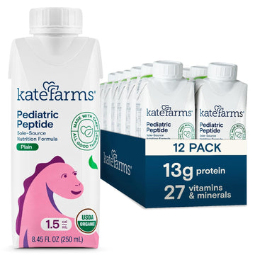 Kate Farms Pediatric Peptide 1.5 Sole-Source Nutrition Formula, Organic Enzymatically Hydrolyzed Plant-Based Protein Drink, Meal Replacement for Oral & Tube Feeding, 8.45 fl. Oz., Plain, Case of 12