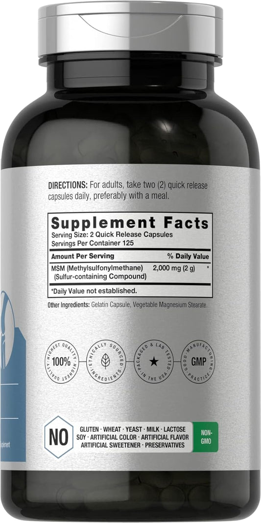 Horbäach MSM Supplement Capsules | 2000mg | 250 Count | Non-GMO and Gluten Free Formula | Methylsulfonylmethane