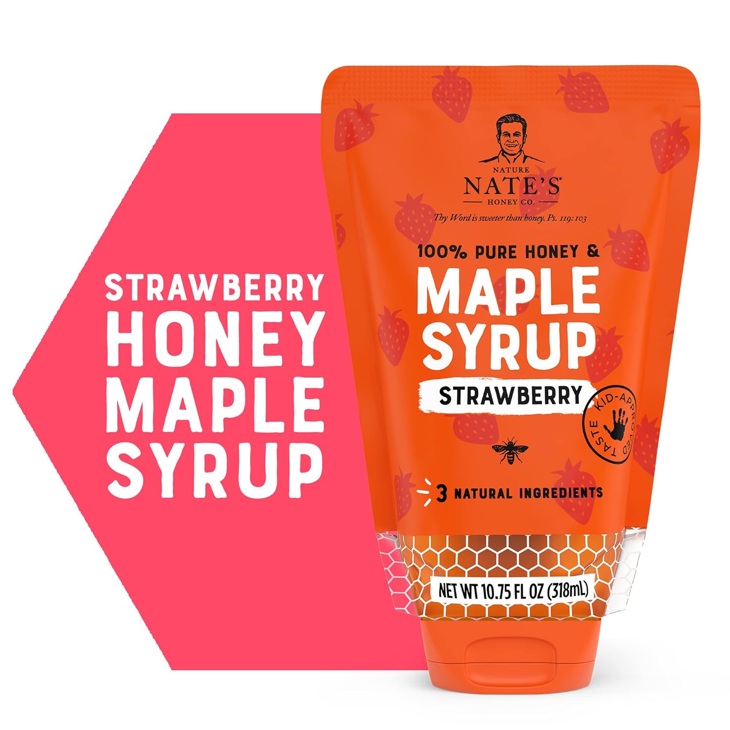 Nate'S Strawberry Honey Maple Syrup - 10.75 Oz Sustainable Pouch - 100% Pure Honey, Real Maple Syrup, And Natural Strawberry Flavor - All-Natural Topping For Waffles And Pancakes - Kid-Approved Taste