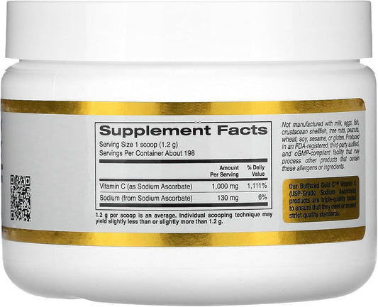 Buffered Vitamin C Powder, Non-Acidic, Gold C, Usp Grade Sodium Ascorbate, Suitable For Vegans And Vegetarians, 8.40 Oz (238 G)