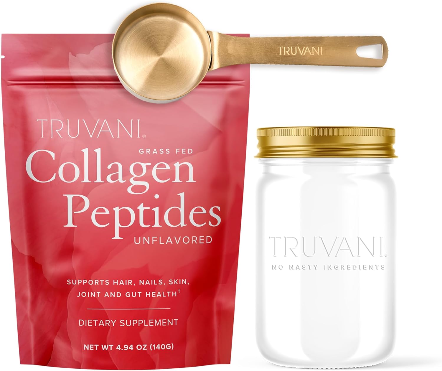 Truvani Collagen Peptides (7 Servings) With Jar & Scoop Bundle - Unflavored Hydrolyzed Collagen Powder - Grass-Fed Collagen Peptides Powder – Includes Glass Jar & Durable Collagen Powder Metal Scoop