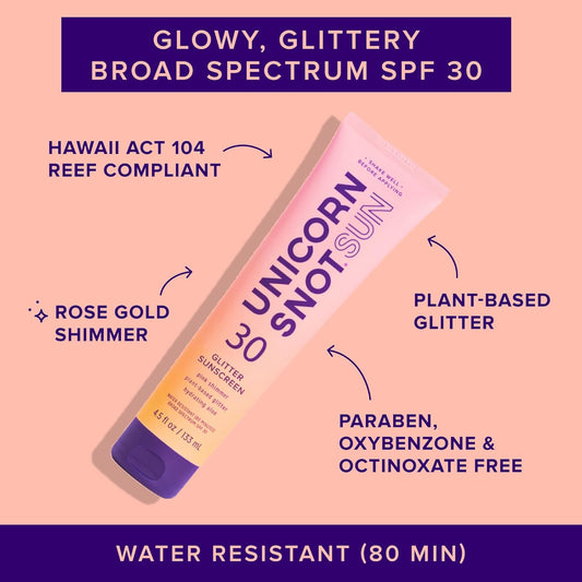 Unicorn Snot Glitter Sunscreen Lotion - Spf 30 Shimmer Sunscreen For Face & Body Glow - Uva/Uvb Protection - Water Resistant, Cruelty Free - Made In Usa - Rose Gold Shimmer