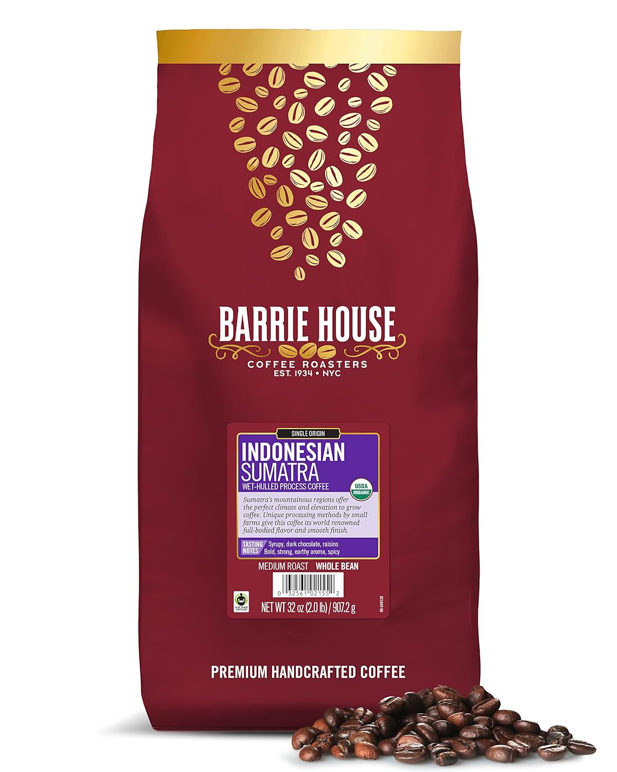 Barrie House Indonesian Sumatra Single Origin Whole Bean Coffee, 2 Lb Bag | Fair Trade Organic Certified | Medium Roast | Aromatic Bold Flavor | 100% Arabica Coffee Beans