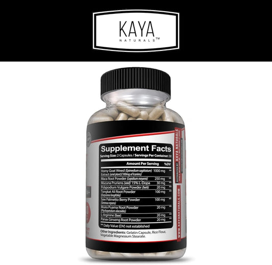 Kaya Naturals Horny Goat Weed Extract For Adult Enhancement - 1560Mg Maca | Extra Strength Complex With Saw Palmetto Ginseng, Arginine Libido Enhancing Vitamin Supplement | Horny Goat Weed - 60 Count