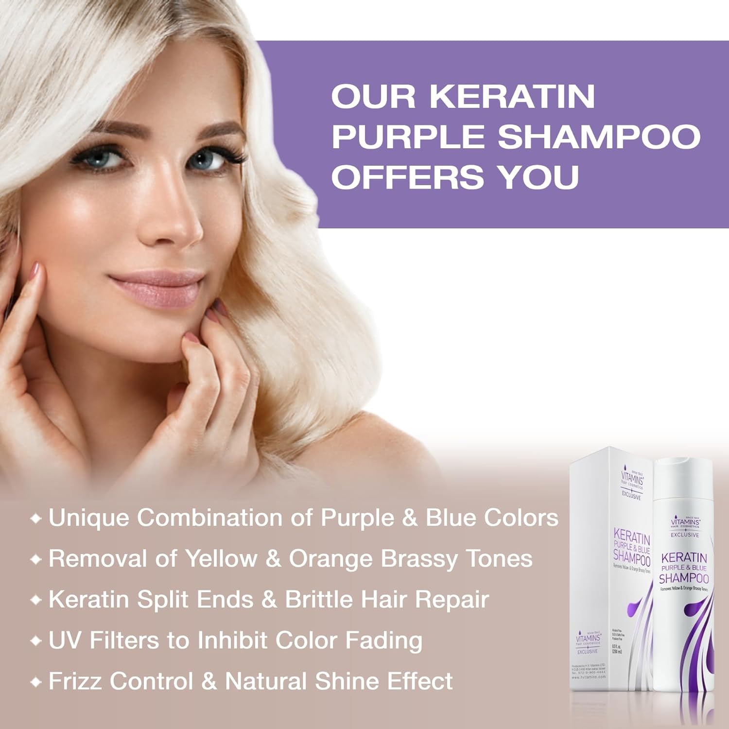 Vitamins Keratin Purple Shampoo and Hair Serum Kit - Violet Blue Shampoo Anti Brassiness for Bleached Blonde Platinum Silver White Gray Dry Damaged Hair and Heat Protectant, Anti Frizz Gloss Boost : Beauty & Personal Care