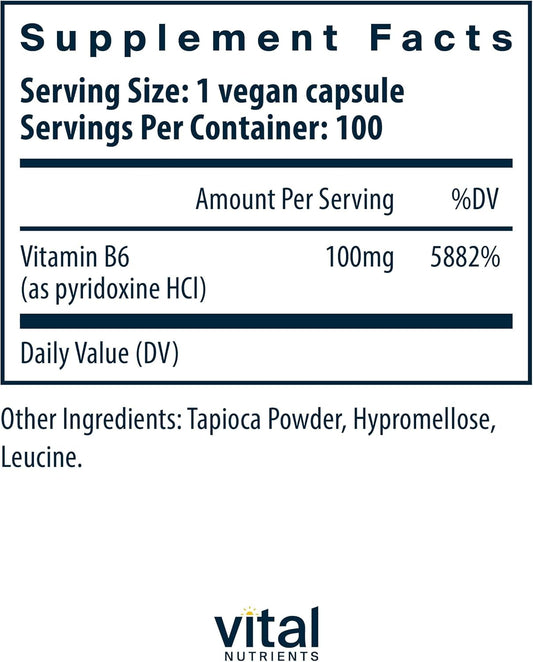 Vital Nutrients Vitamin B6 | Vegan Methylated B6 Vitamins For Nervous System, Muscle, Bone Health* | High-Potency Vitamin B6 For Menstrual Discomfort * | Gluten, Dairy, Soy Free | 100 Capsules