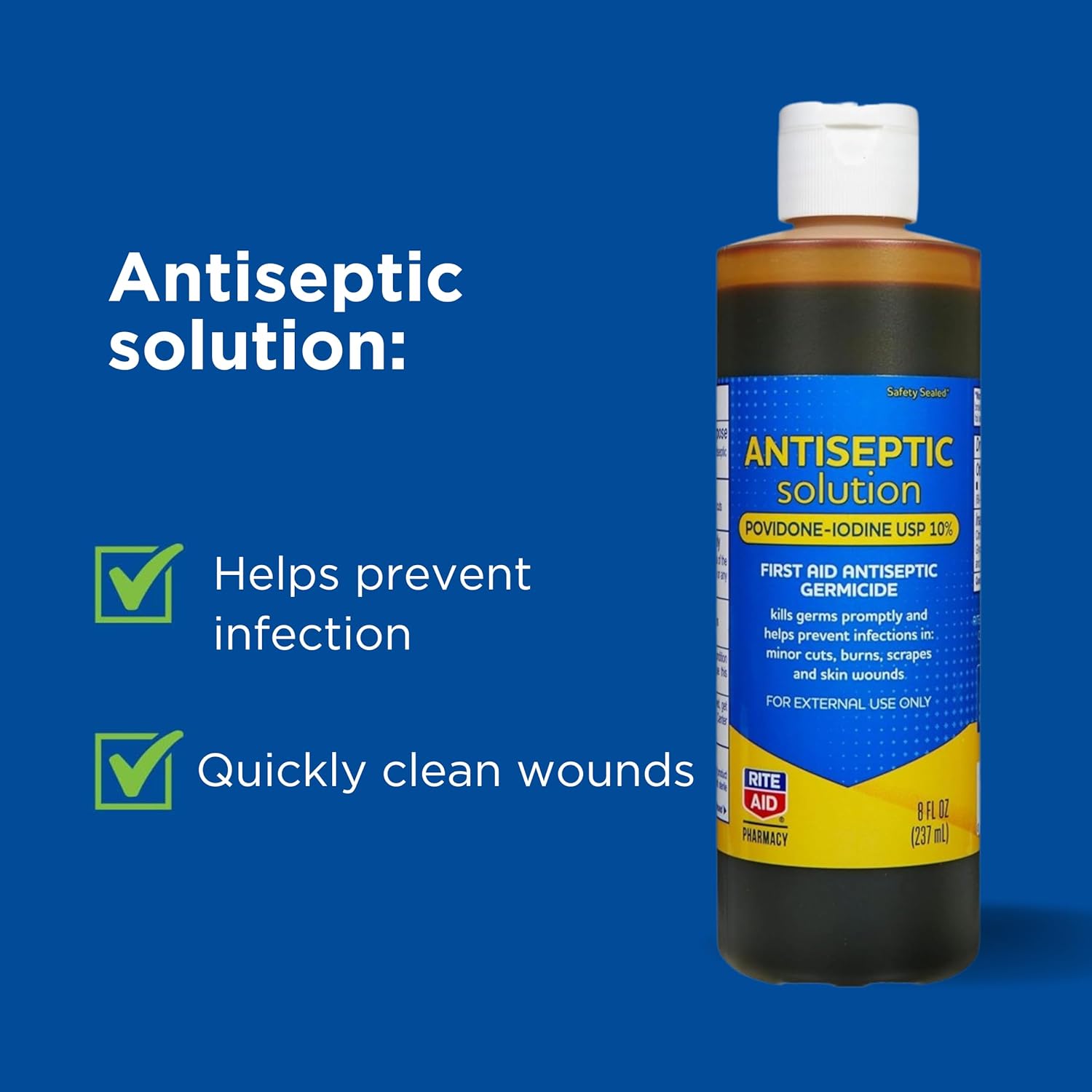 Rite Aid Antiseptic Solution Povidone-Iodine USP 10% - 8 fl oz | First Aid Antiseptic Germicide | Iodine for Wounds | Wound Wash | Antiseptic Soap | Liquid Antiseptic Wash (Packaging May Vary) : Health & Household