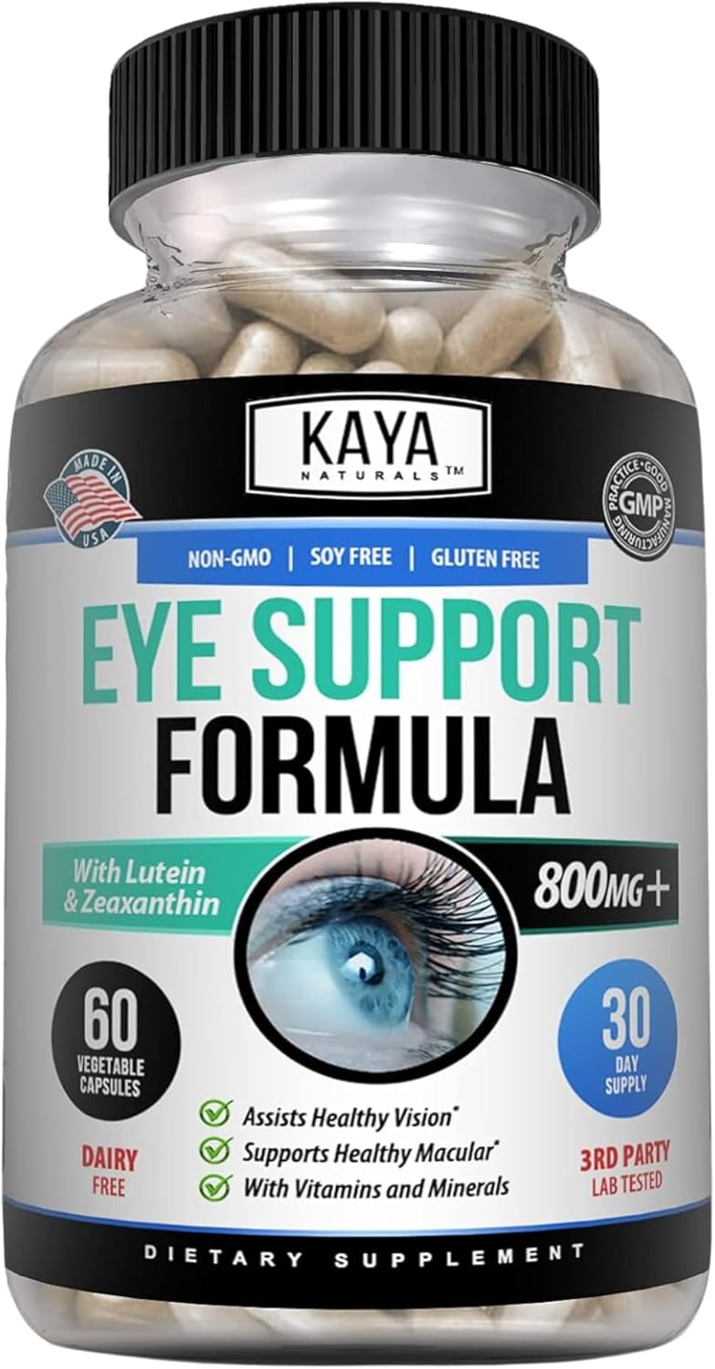 Kaya Naturals Eye Health Supplement - Lutein & Zeaxanthin - Supports Eye Strain, Dry Eyes, And Vision Health - Clinically Proven Ingredients 800Mg Vitamin Supplement - 60 Count