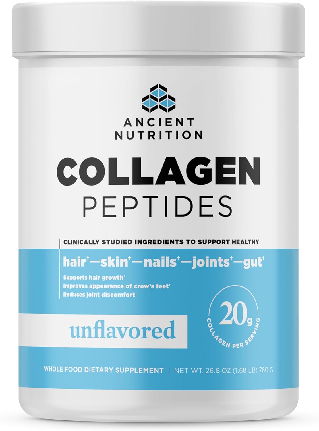 Ancient Nutrition Collagen Peptides, Collagen Peptides Powder, Unflavored Hydrolyzed Collagen, Supports Healthy Skin, Joints, Gut, Keto And Paleo Friendly, 38 Servings, 20G Collagen Per Serving