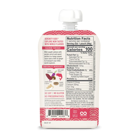 Serenity Kids 6+ Months World Explorers Baby Food Pouches Puree Made With Ethically Sourced Meats & Organic Veggies | 3.5 Ounce Bpa-Free Pouch | Salmon Teriyaki | 6 Count
