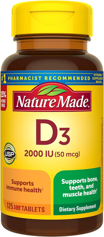 Nature Made Vitamin D3 2000 Iu (50 Mcg), Dietary Supplement For Bone, Teeth, Muscle And Immune Health Support, 125 Tablets, 125 Day Supply