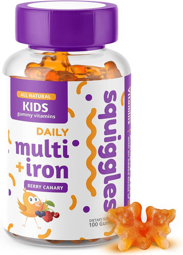 Squiggles Kids Multivitamin + Iron Gummies 100ct. | All-Natural, Low Sugar, and Super Yummy | Broad Spectrum of Vitamins and Minerals with a Boost of Iron