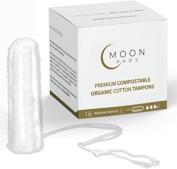 MoonPads Organic Tampons l Applicator Free l Utra-Absorbant l Eco-Friendly l Regular l 100% Organic Cotton l Easy Insertion l Unscented l Chlorine Free l Non-Toxic l BPA Free l Plant Based (16 Count)