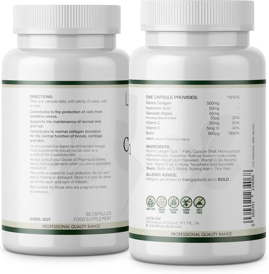 Lily & Loaf Collagen Plus – Marine Collagen Supplement With Vitamins C, A, Hyaluronic Acid & Biotin – 60 Capsules, 60 Day Supply – Supports Skin, Joints & Immunity