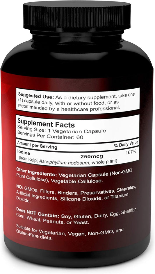 Iodine Supplement 250mcg - Iodine Pills from Sea Kelp (Grown in USA) - Thyroid Support Supplement (Ascophyllum Nodosum) - 60 Sea Kelp Capsules