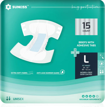 SUNKISS TrustPlus Adult Diapers with Maximum Absorbency, Unisex Disposable Incontinence Briefs with Tabs for Men and Women, Odor Control, Large, 15 Count