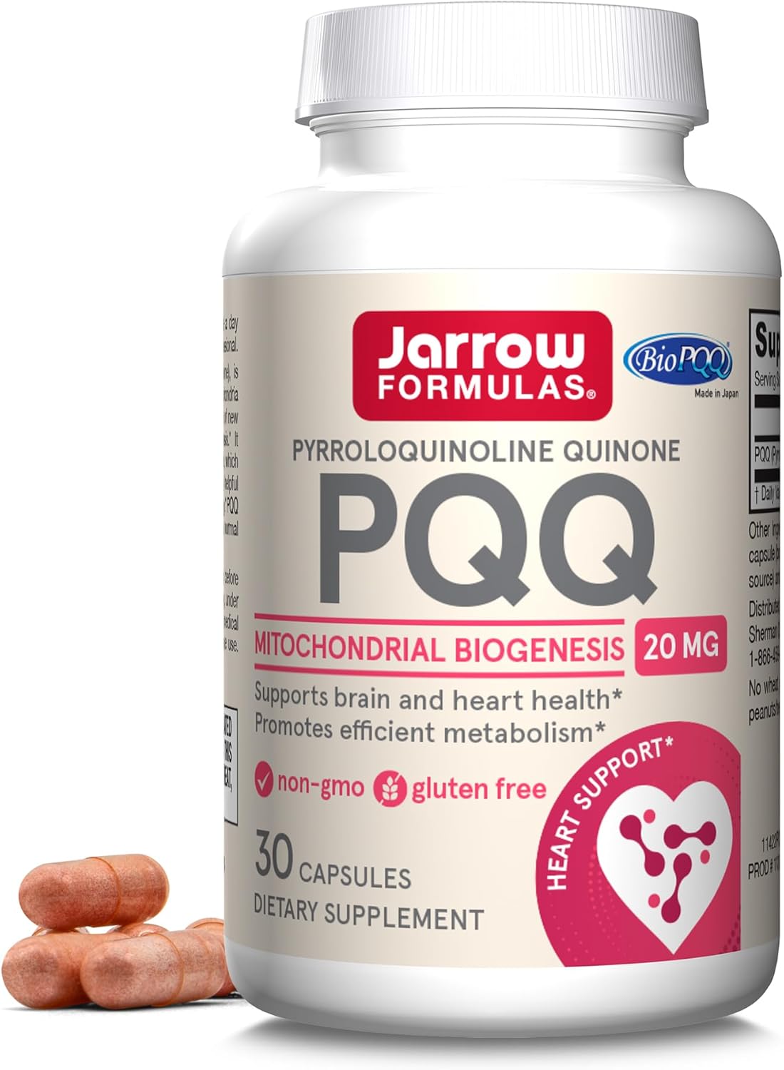 Jarrow Formulas Pqq 20 Mg, Dietary Supplement, Heart, Brain, And Metabolism Support, 30 Veggie Capsules, 30 Day Supply