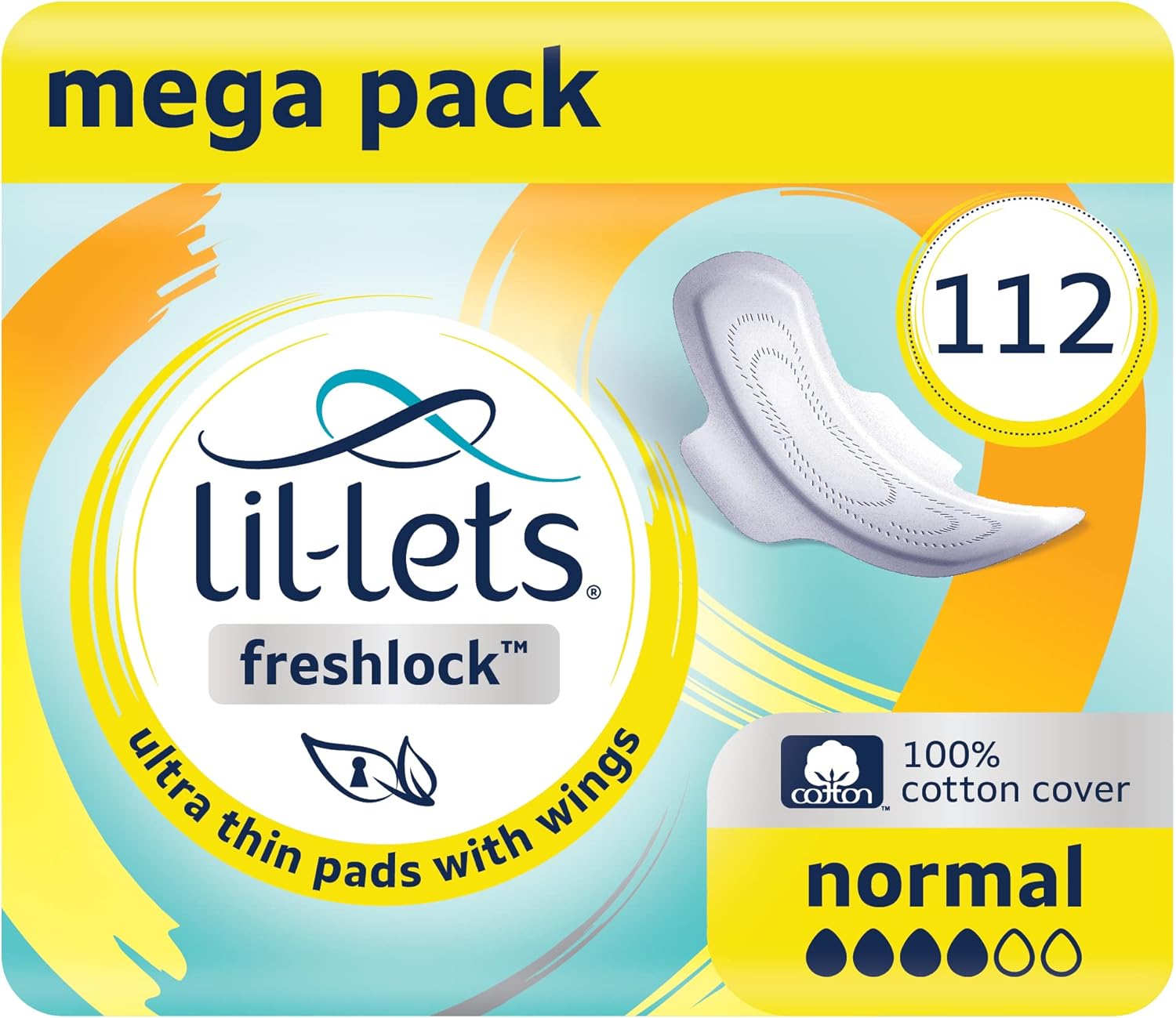 Lil-Lets Freshlock™ Ultra Thin Period Pads - 112 Count, Normal Absorbency, with Wings, 8 Packs of 14 Pads - Bulk Pack, Unscented, 100% Cotton Cover, Regular Absorbency Sanitary Towels