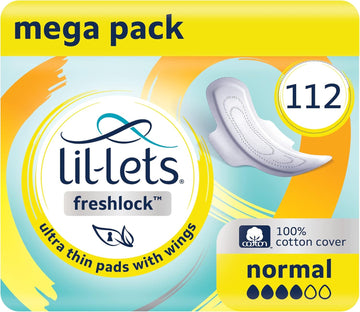 Lil-Lets Freshlock™ Ultra Thin Period Pads - 112 Count, Normal Absorbency, with Wings, 8 Packs of 14 Pads - Bulk Pack, Unscented, 100% Cotton Cover, Regular Absorbency Sanitary Towels