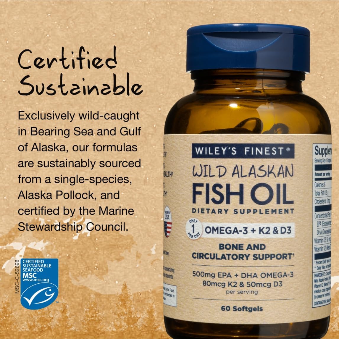 Wiley's Finest Wild Alaskan Fish Oil Vitamin K2 Softgels - 500mg of EP