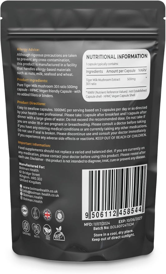 Tiger Milk Mushroom Capsules | 30 Day Supply | Hpmc Vegan Friendly Capsules | Enhanced Immunity | Lung & Respiratory Health | Made In The Uk