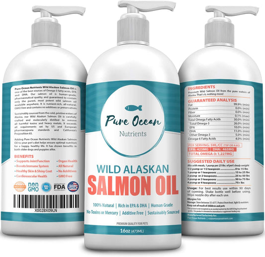 Wild Alaskan Salmon Fish Oil for Dogs & Cats 16 Ounce; Natural Liquid Supplement with Omega 3's to Support Joint, Heart, and Immune Health; Essential Fatty Acids Promote a Shiny Coat and Healthy Skin