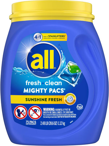 All With Stainlifters Original Mighty Pacs Laundry Detergent Pacs, 4 In 1 Stainlifters, One Tub, 75 Count