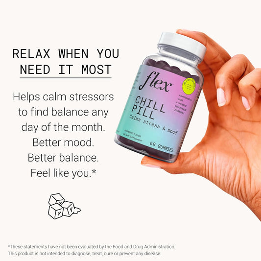 Flex Chill Pill - Stress Relief - Balance - Helps To Relax - Ashwagandha - L-Theanine - Gaba - Chamomile - Lemon Balm - Berry Flavor - Vegan-Friendly - Gluten-Free - 60 Gummies (Chill Pill)