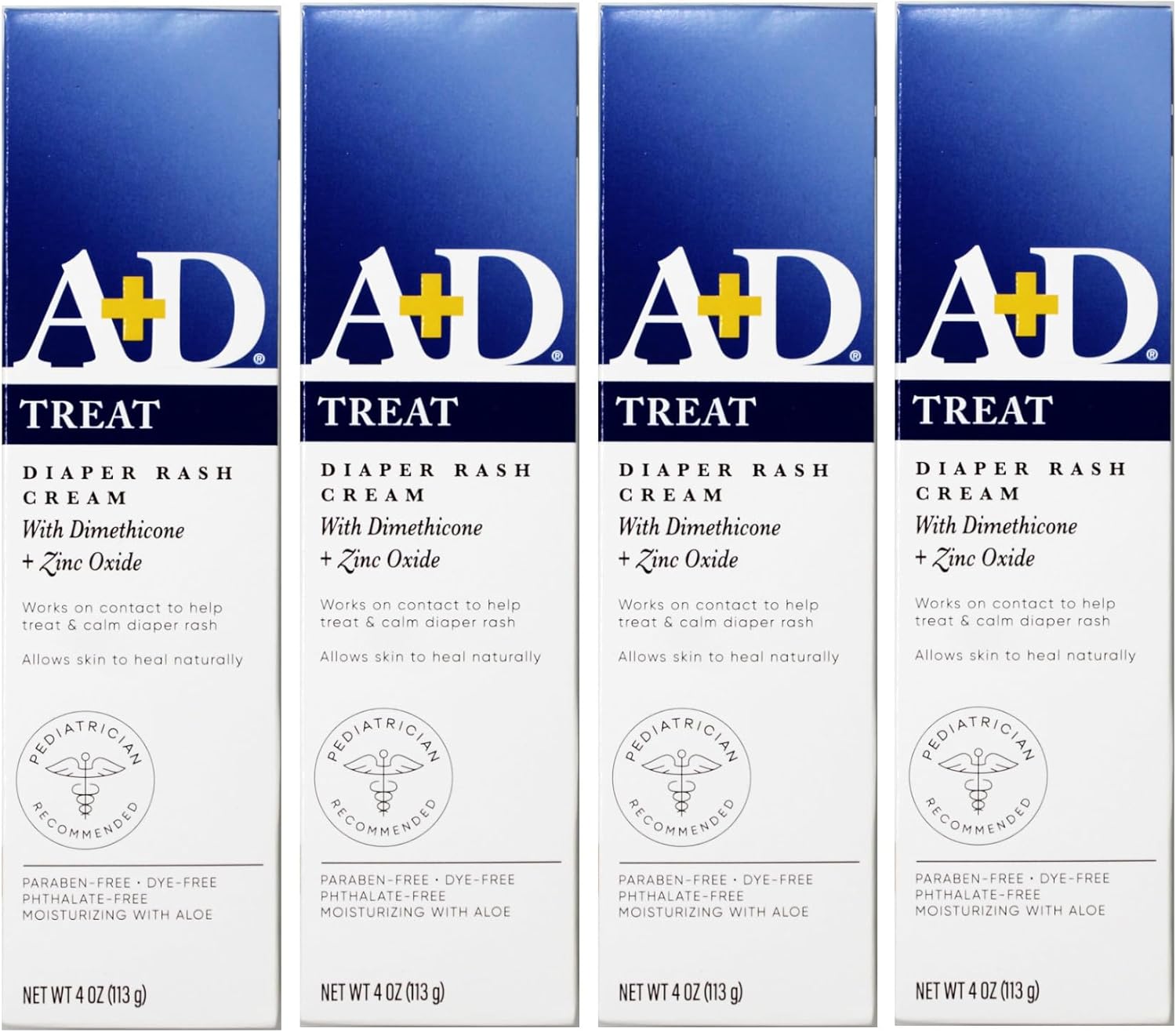 A+D Zinc Oxide Diaper Rash Treatment Cream, Dimenthicone 1%, Zinc Oxide 10%, Easy Spreading Baby Skin Care, 4 Ounce Tube (Pack Of 4) (Packaging May Vary)