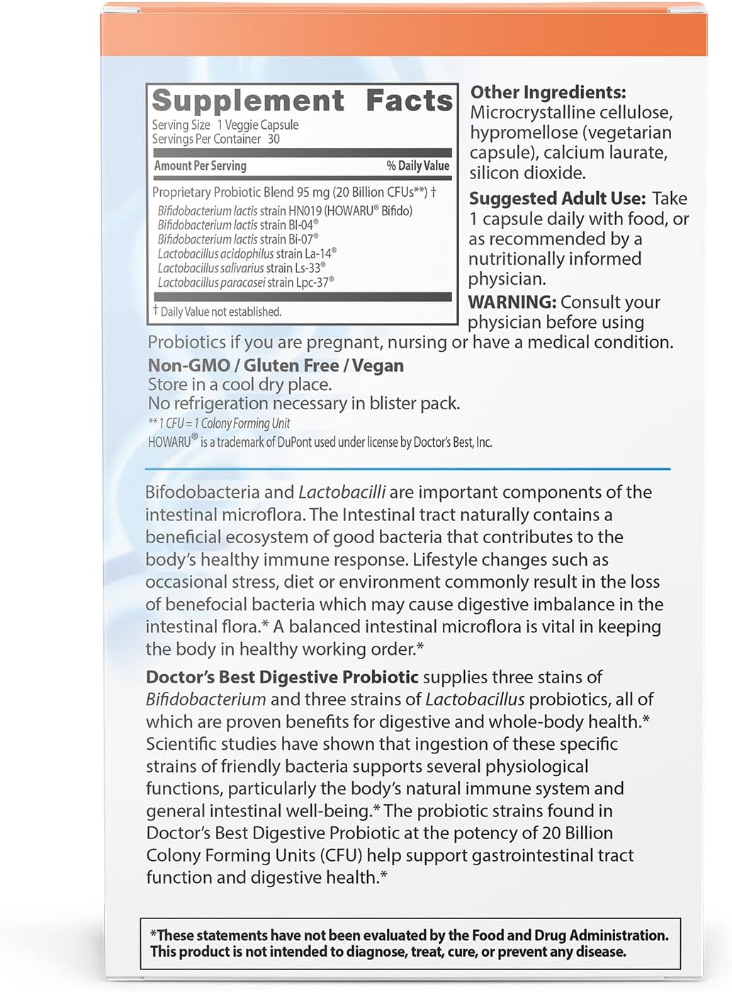 Doctors Best Digestive Probiotic 20 Billion Cfu With Howaru, Supports Digestive & Intestinal Health, Non-Gmo, Gluten Free, Vegan 30 Veggie Caps