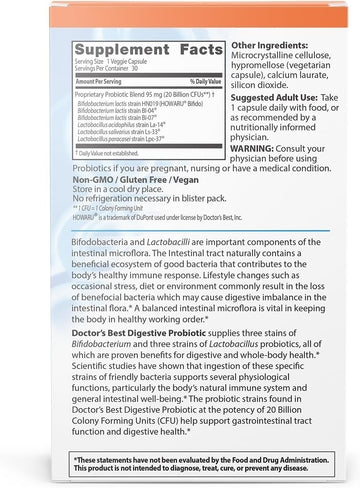 Doctors Best Digestive Probiotic 20 Billion Cfu With Howaru, Supports Digestive & Intestinal Health, Non-Gmo, Gluten Free, Vegan 30 Veggie Caps
