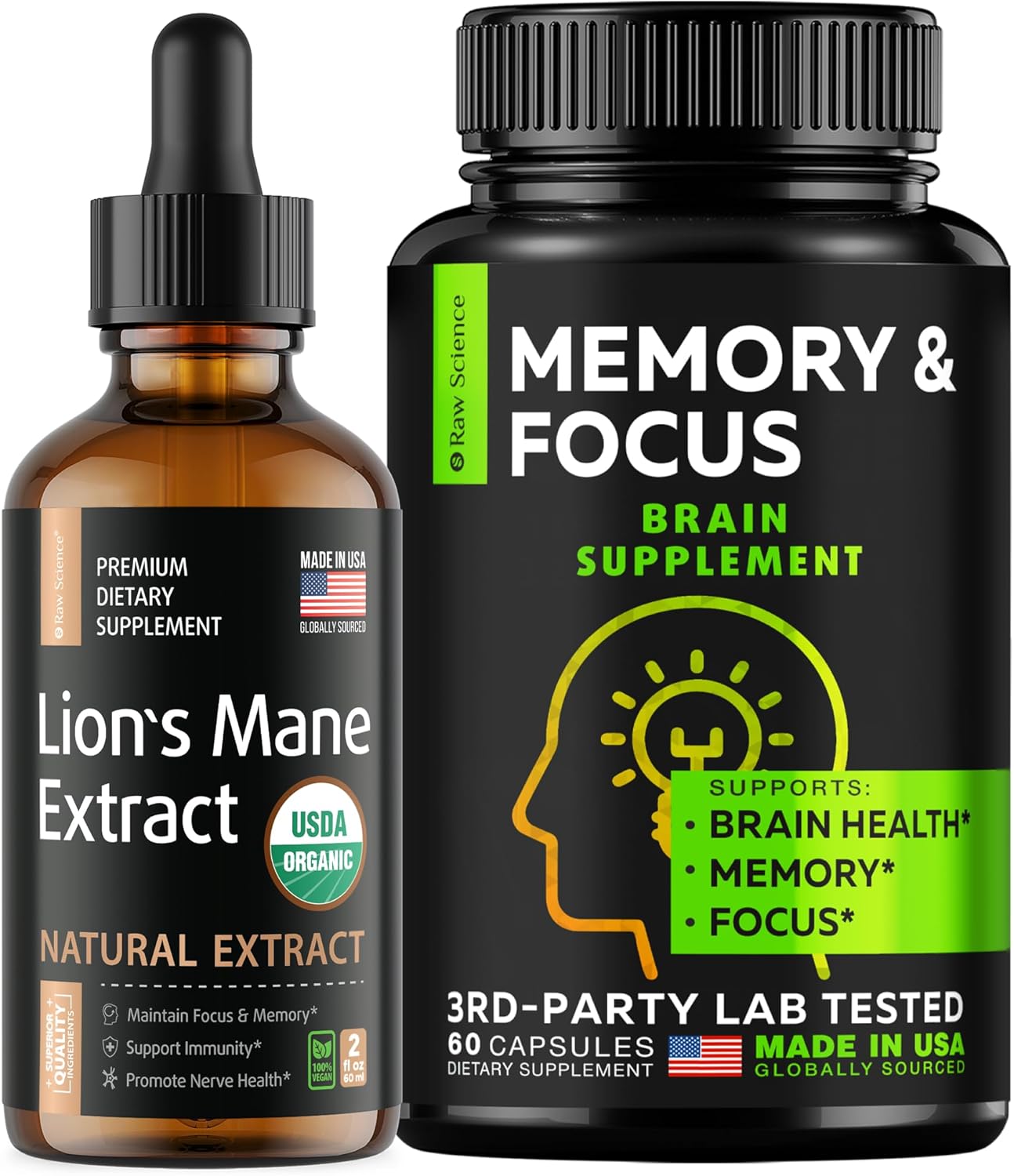 S Raw Science Mind And Memory Enhancement - Nootropics Brain Support & Enhanced Mental Focus & Clarity - Huperzine A, Phosphatidylserine, Dmae Supplements 60Pcs And Lions Mane Mushroom Extract 2Oz